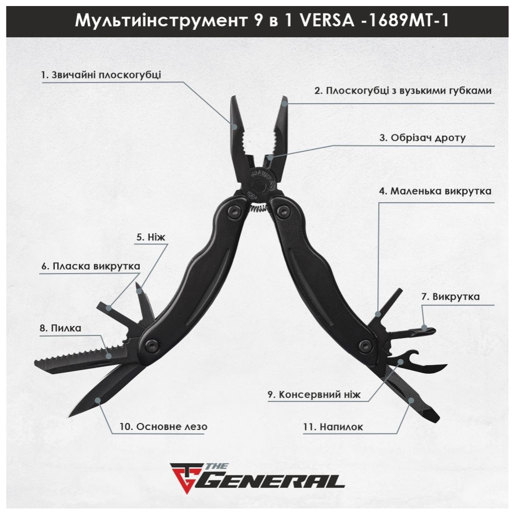 Мультитул TheGeneral Versa 9 функцій 165 мм у чохлі чорний (1689TG-1) - зображення 4