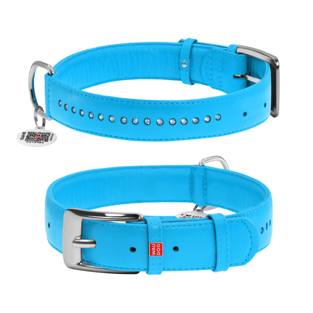 Нашийник для тварин WAUDOG Glamour з QR-паспортом, подвійний Ш 25 мм Д 38-49 см блакитний (38782) - зображення 1