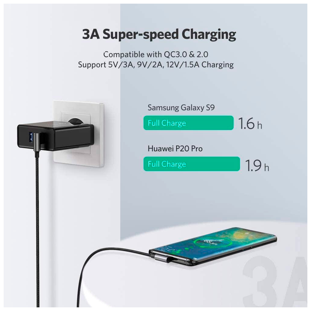 Дата кабель USB 2.0 AM to USB-C 3.0m 3A 90° corner US176 black Ugreen (70875) - зображення 8