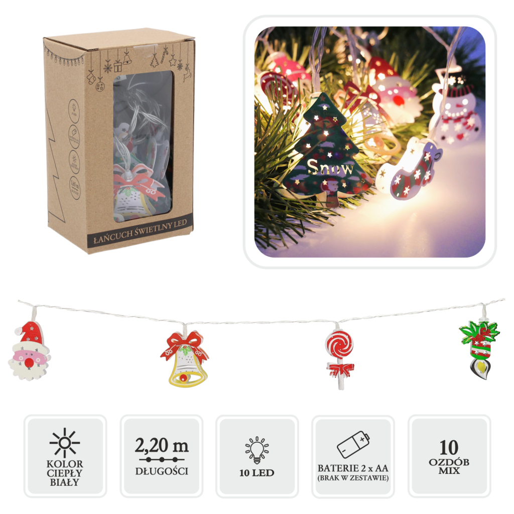 Гірлянда Chomik Новорічні атрибути 10 LED теплий білий, IP20, 2хАА (5900779854024) - зображення 1