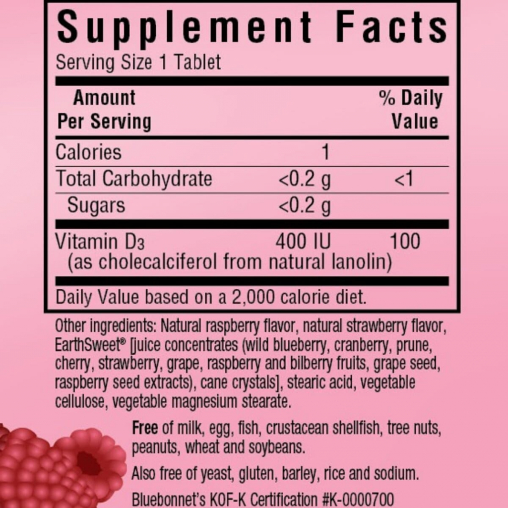 Вітамін Bluebonnet Nutrition Вітамін D3 400IU, Смак Малини, Earth Sweet Chewables, 90 жу (BLB0360) - зображення 2