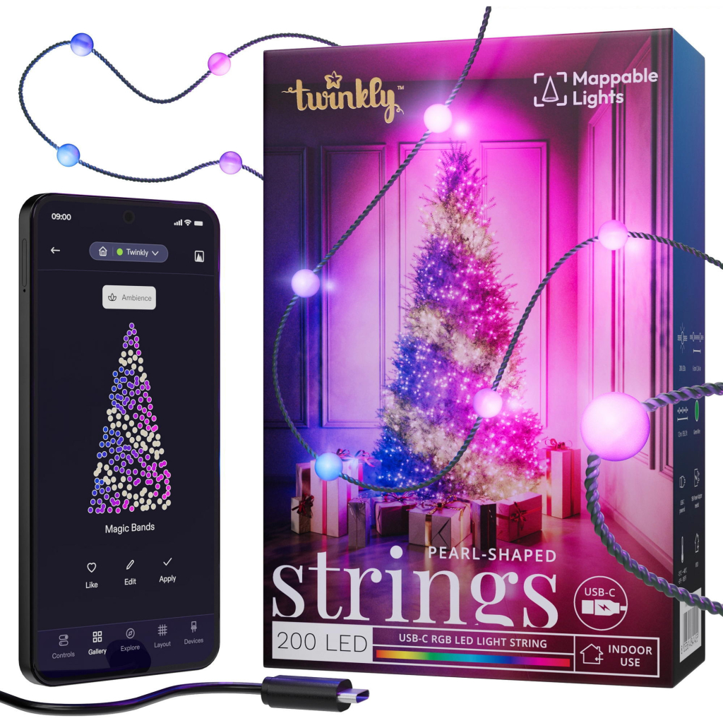 Гірлянда Twinkly Smart LED Strings USB 200 Pearl-shaped RGB LEDs, Green Wire, USB-C 12м (TWKP200RGB-G) - зображення 1