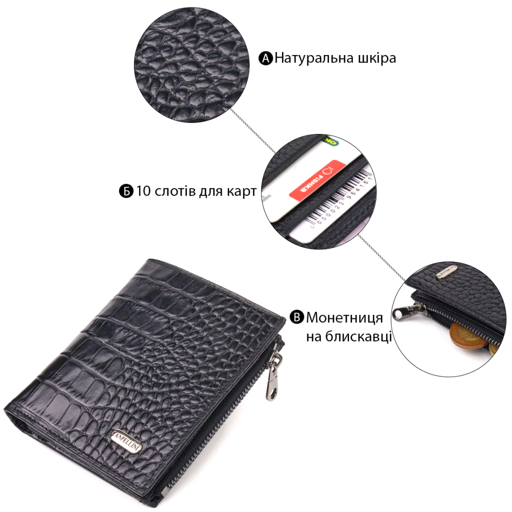 Гаманець Canpellini З натуральної шкіри з тисненням під крокодила Чорний (21673) - зображення 4