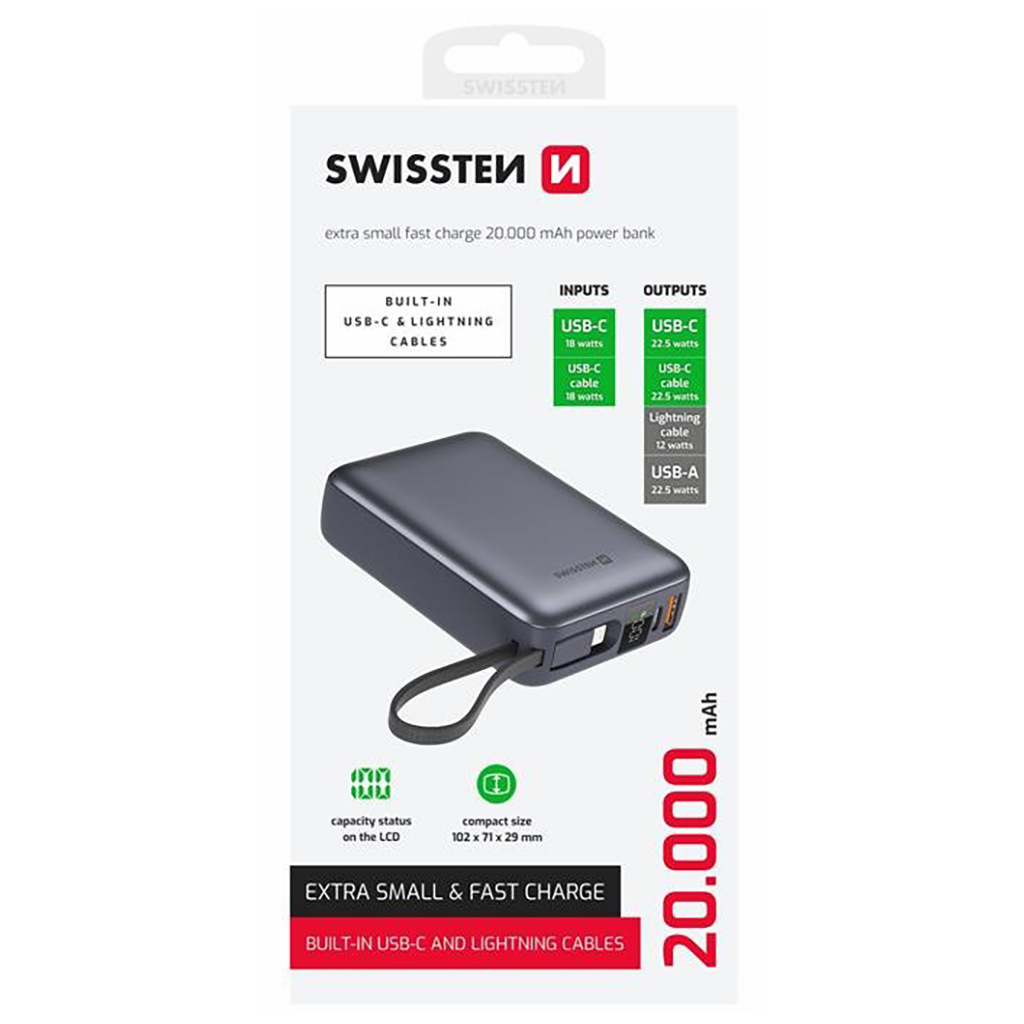Батарея універсальна SWISSTEN 20000mAh SPACE 22/5W PD QC w/built-in cables USB-C/LIGHTNING Silver (8595217490598) - зображення 2