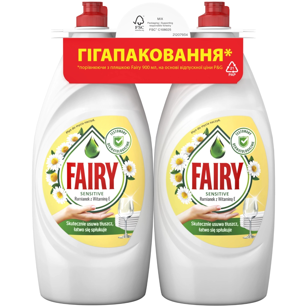 Засіб для ручного миття посуду Fairy Ніжні руки Ромашка та вітамін E 2 х 900 мл (8700216759601) - зображення 1