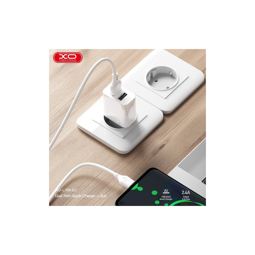 Зарядний пристрій XO L109 12W (2USB/2.4A) + USB - MicroUSB White (XO-L109-M) - зображення 4