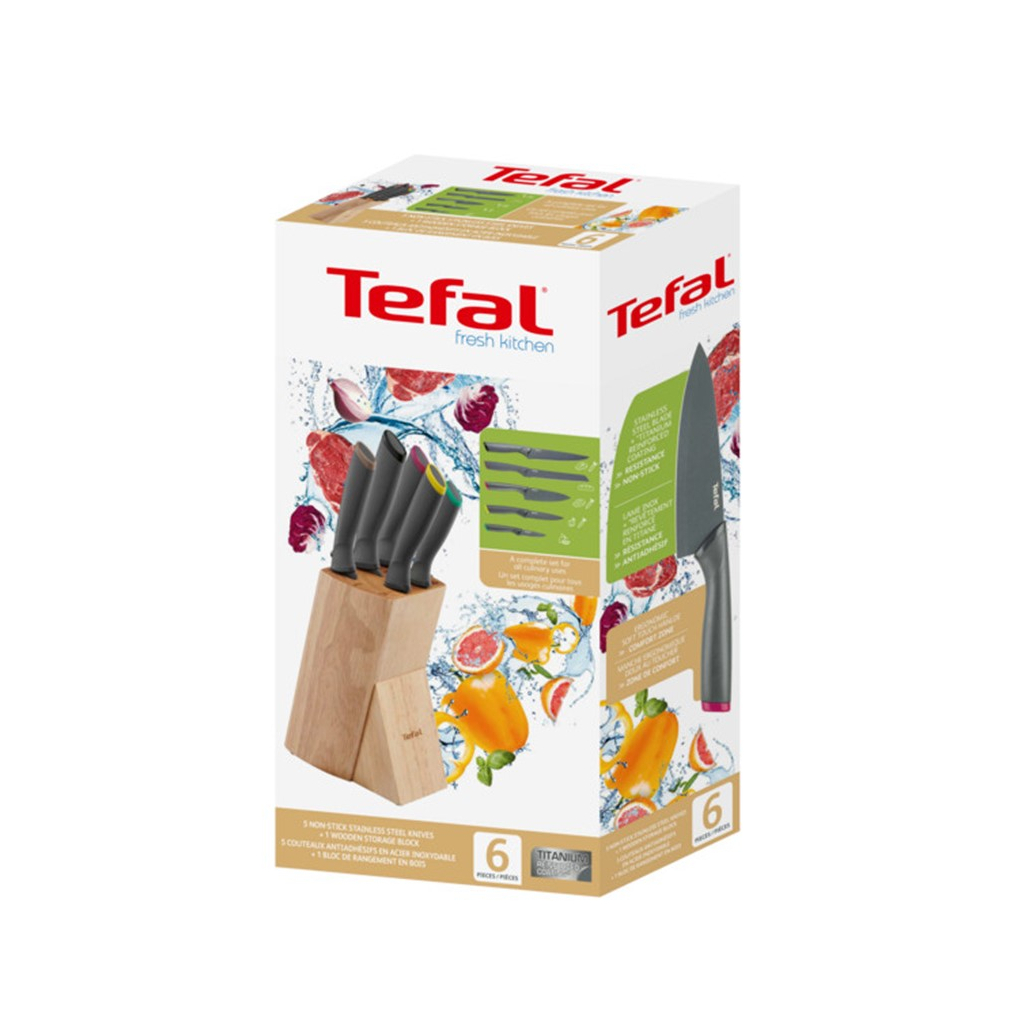 Набір ножів Tefal Fresh Kitchen, дерев'яна колода, 5шт, нержавіюча сталь, чорний (K122S504) - зображення 9