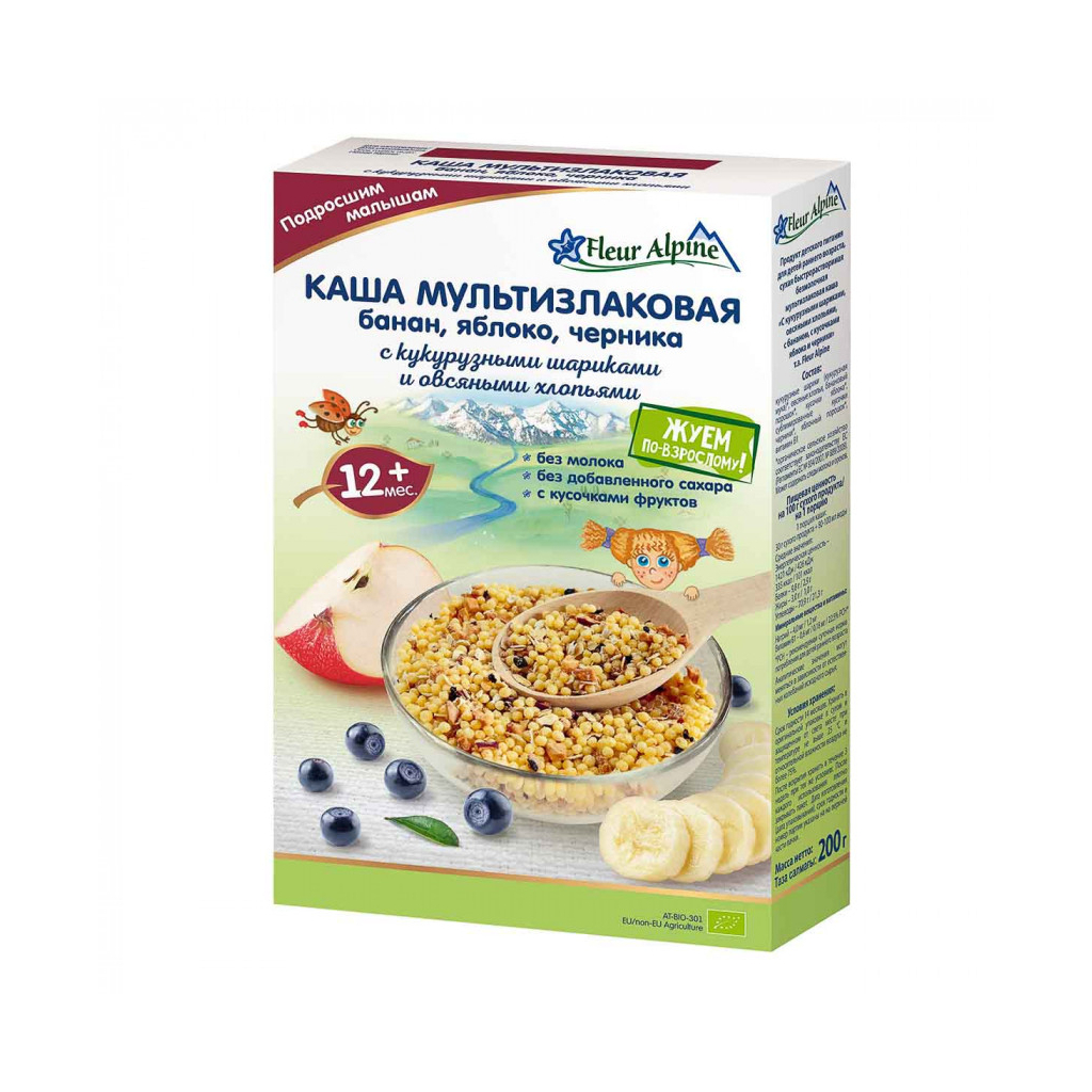 Дитяча каша Fleur Alpine безмолочна мультизлакова банан-яблуко-чорниця 200 г (9010004508182) - зображення 1