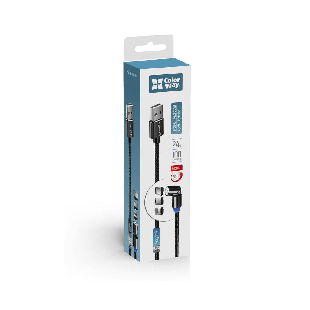 Дата кабель USB 2.0 AM to Lightning + Micro 5P + USB-C 1.0m Magnetic Ro ColorWay (CW-CBUU037-BK) - зображення 5