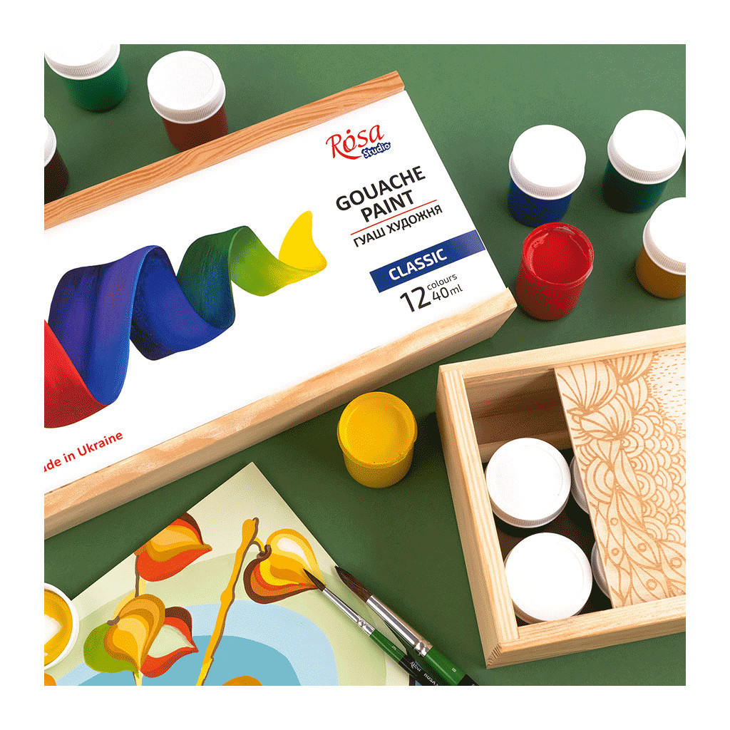 Гуашеві фарби Rosa Studio Classic 12 кольорів по 40 мл, дерев’яний пенал (4823098540625) - зображення 2