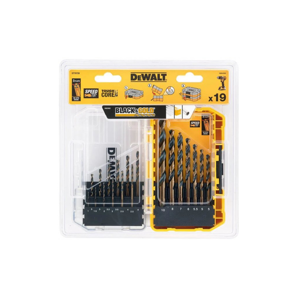Набір свердл DeWALT по металу Black&Gold HSS-G, 19 шт, кейс Tough Case (DT70728) - изображение 2