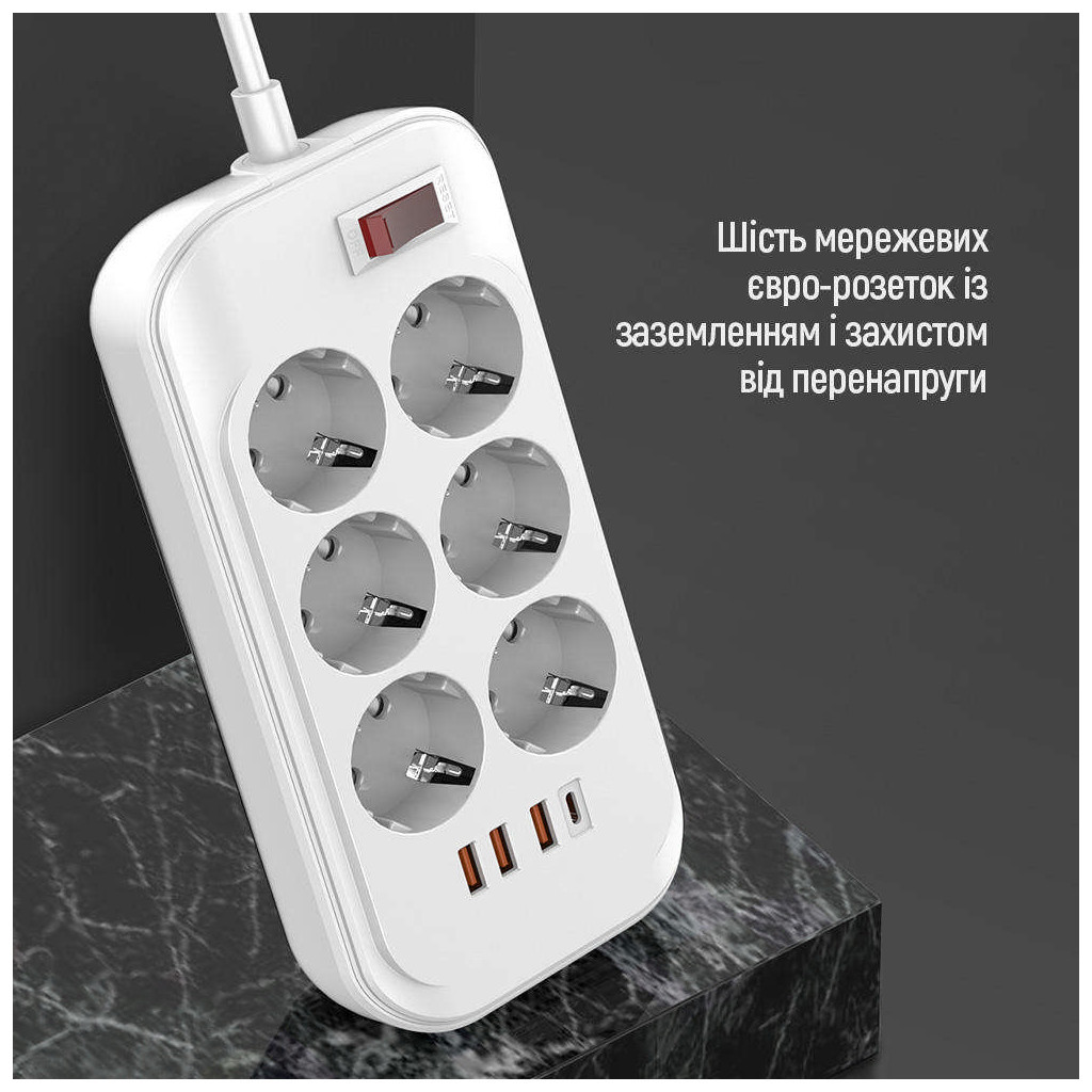 Мережевий фільтр живлення ColorWay CW-CHE64PDW, 6 розеток/4USB 2M (CW-CHE64PDW) - изображение 6