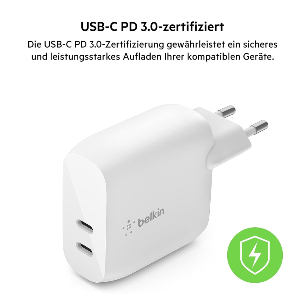 Зарядний пристрій Belkin 40W 2хUSB-С PD white (WCB006VFWH) - зображення 6