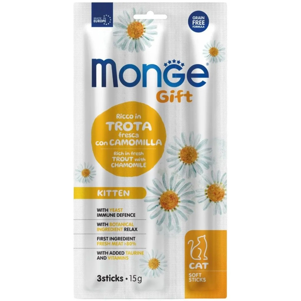 Ласощі для котів Monge Gift Cat Kitten форель з ромашкою 15 г (8009470085243) - зображення 1