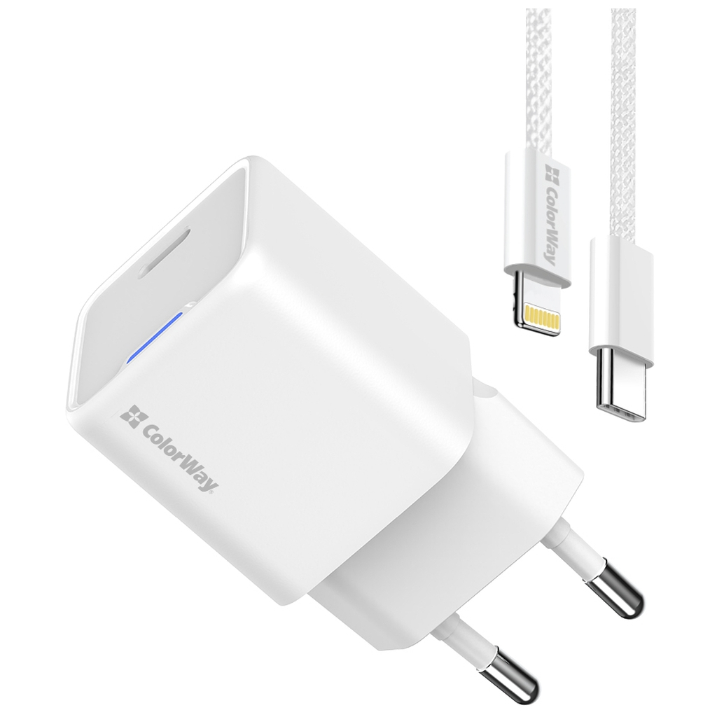 Зарядний пристрій ColorWay C101D GaN Mini 20W PD PPS USB-C + cable USB-C to Lightning white (CW-CHS059PDL-WT) - изображение 4