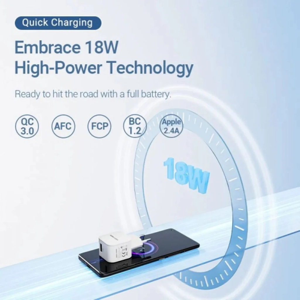 Зарядний пристрій Vention 1xUSB 18W QC3.0 White (FEKW0-EU) - зображення 3