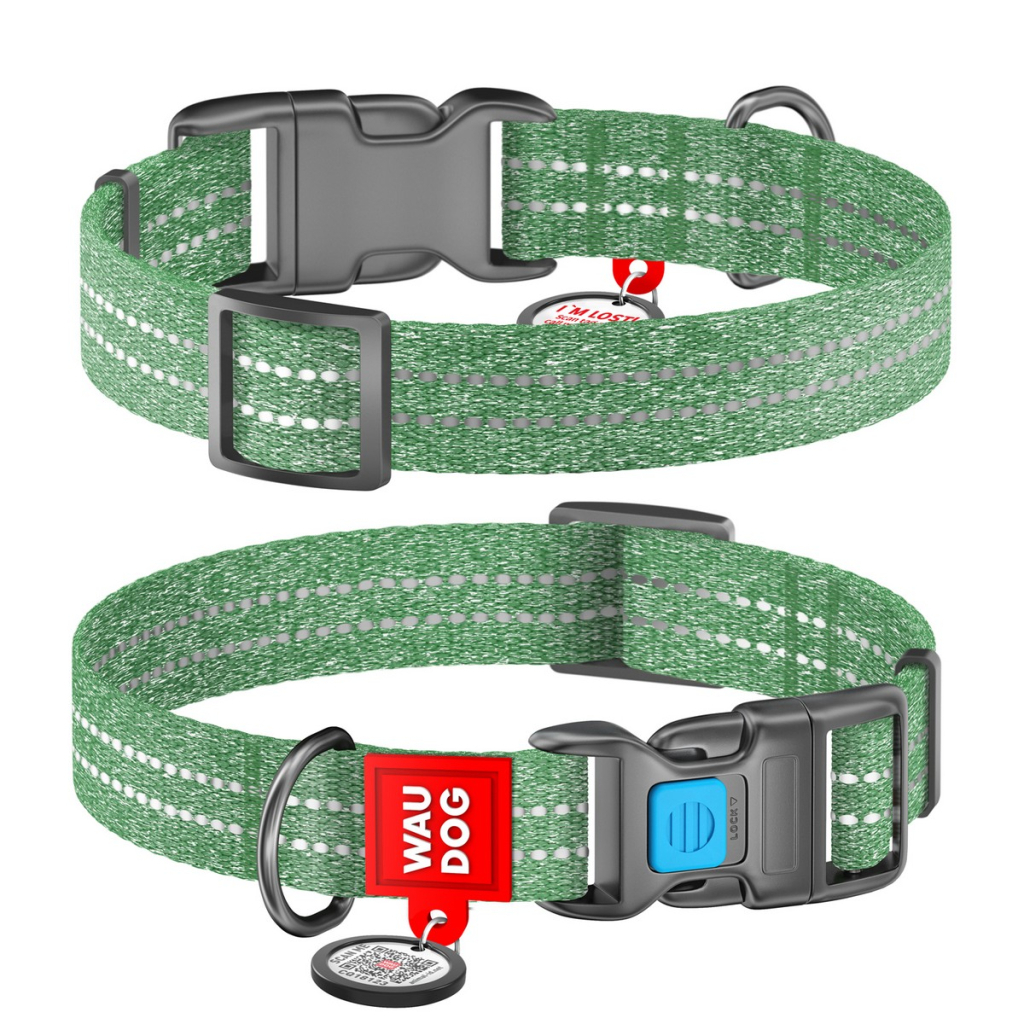 Нашийник для тварин WAUDOG Re-cotton з QR паспортом світловідбивний Ш 15 мм Д 25-35 см зелений (028618) - зображення 1