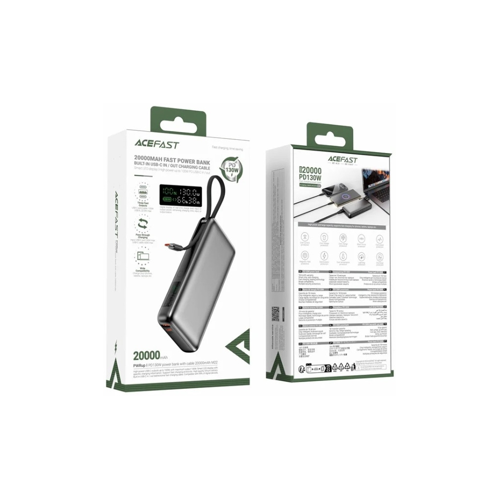 Батарея універсальна Acefast 20000mAh 130W PD, QC/3.0 USB-A+USB-C In/Out,build-in cable M22 Gray (6974316283904) - зображення 5