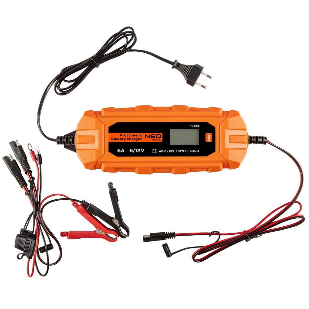 Зарядний пристрій для автомобільного акумулятора Neo Tools 6А/100Вт, 3-150Ач, для кислотних/AGM/GEL (11-892) - зображення 1