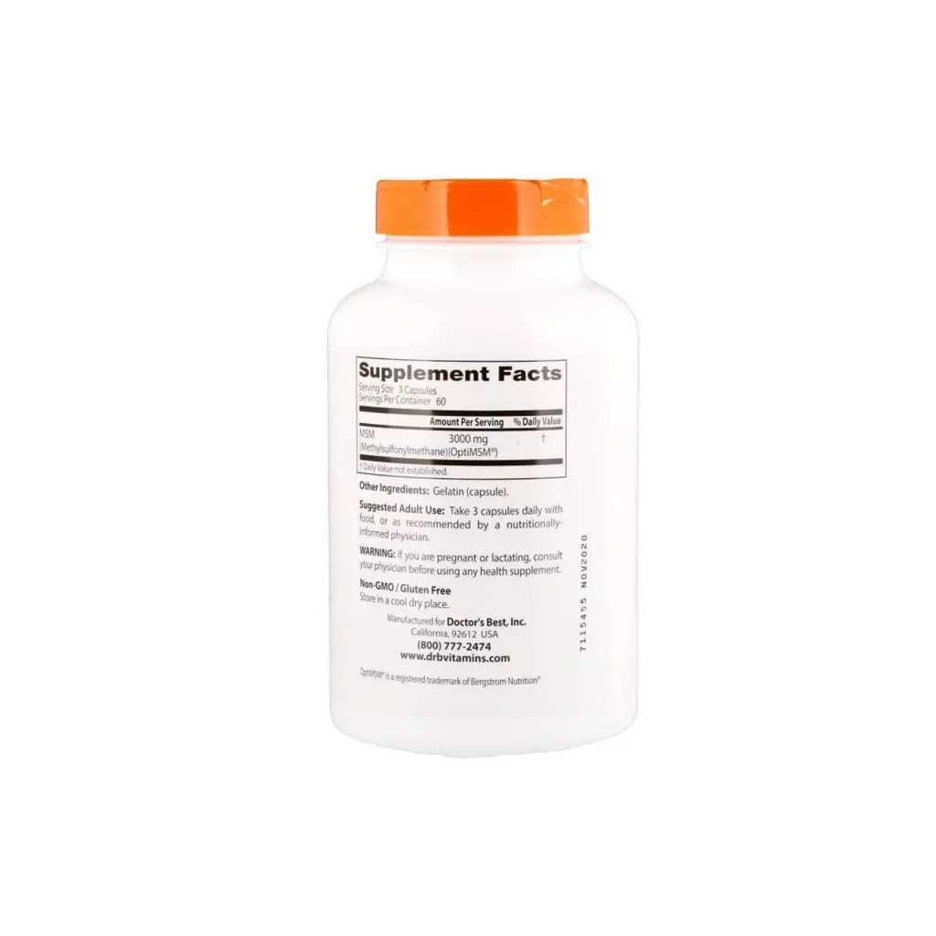 Вітамін Doctor's Best Метілсульфонілметан, МСМ, MSM with OptiMSM, 1000 мг, 180 кап (DRB-00064) - зображення 2