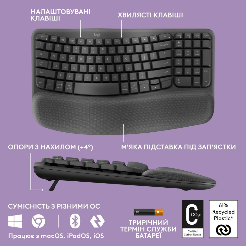 Клавіатура Logitech Wave Keys For Business Bluetooth/Wireless UA Black (920-012334) - зображення 8