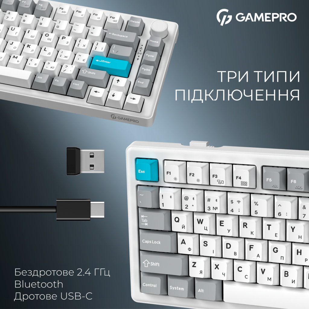 Клавіатура GamePro Asgard Yord Wireless/Bluetooth/USB UA White (MK266WH) - зображення 6