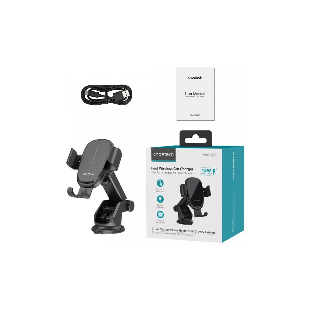 Універсальний автотримач Choetech Gravity Car Wireless 15W Charger 4.7-7.2" Black (T203-F-ACBK) - зображення 3