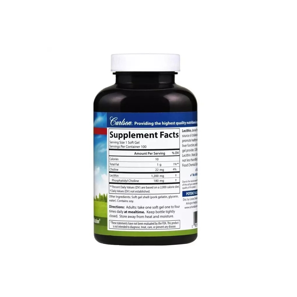 Амінокислота Carlson Лецитин, 1200 мг, Lecithin, 100 желатинових капсул (CL8621) - зображення 2