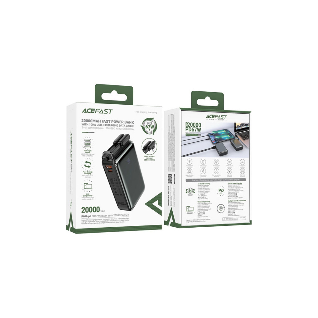 Батарея універсальна Acefast 20000mAh 67W PD/3.0, 20В/3.35A Type-C, USB-A, with cable, Li-ion M4 Black (6974316282723) - изображение 6
