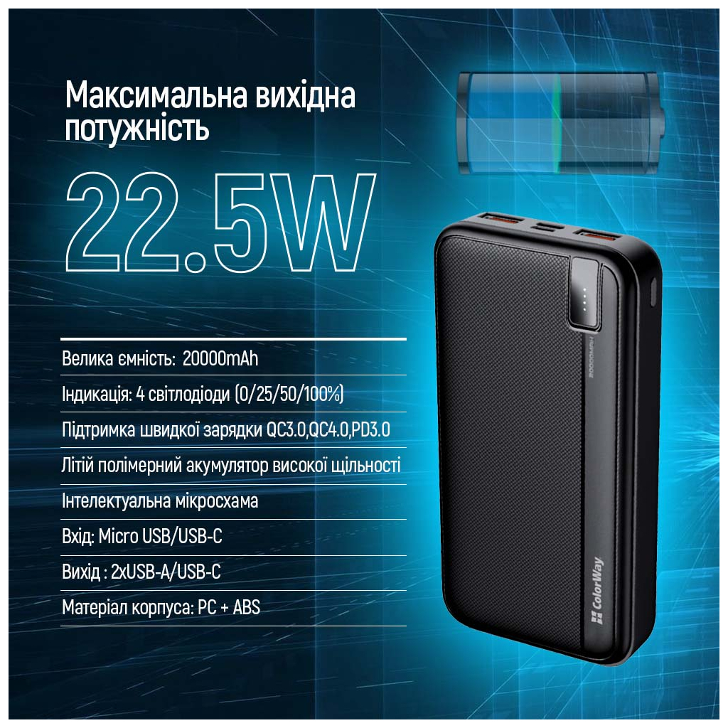 Батарея універсальна ColorWay 20 000 mAh PD/22.5W, QC/3.0, black (CW-PB200LPA4BK-PD) - зображення 7