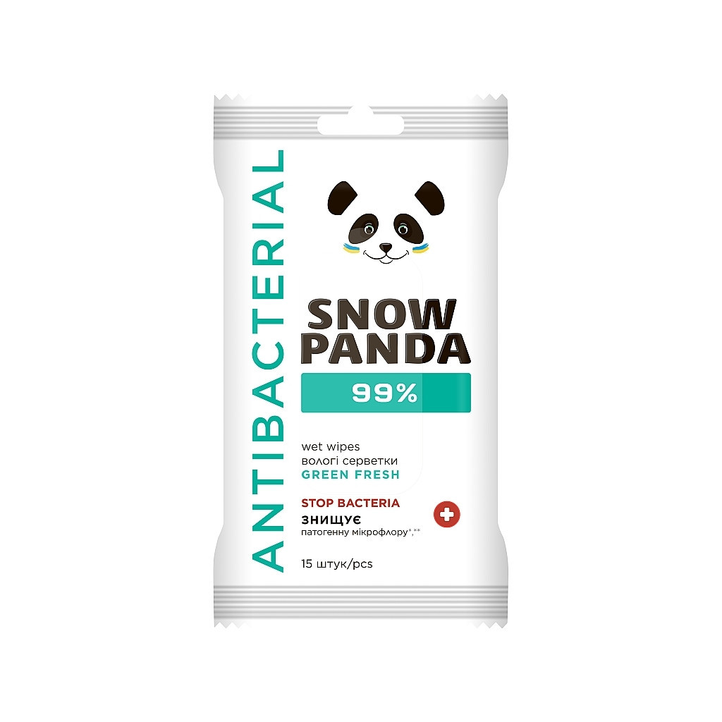 Вологі серветки Сніжна Панда Green Fresh 99% з антимікробною дією 15 шт. (4820183972118) - изображение 1