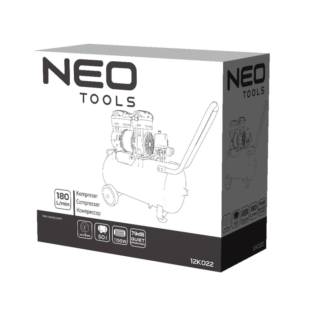 Компресор Neo Tools безолійний, 2-х поршневий, 230В, 50л, 8 Бар, 180л/хв, 1150Вт (12K022) - зображення 6