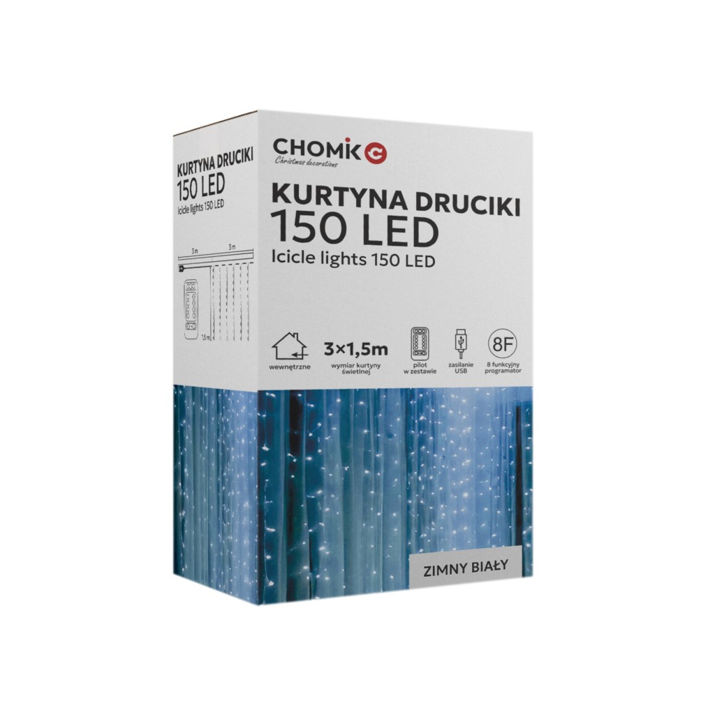 Гірлянда Chomik Штора" 150 LED холодний білий, 3x1,5 м, USB, з пультом, IP20, від мережі (5900779898493) - зображення 1
