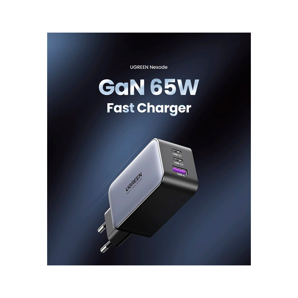 Зарядний пристрій Ugreen 3xUSB 65W GaN (2хUSB-C+USB-A) CD244 Grey (10335) - зображення 2