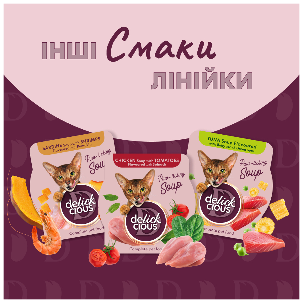 Вологий корм для кішок Delickcious Суп з курки з шинкою та додаванням шпинату 80 г (4820269141599) - зображення 7