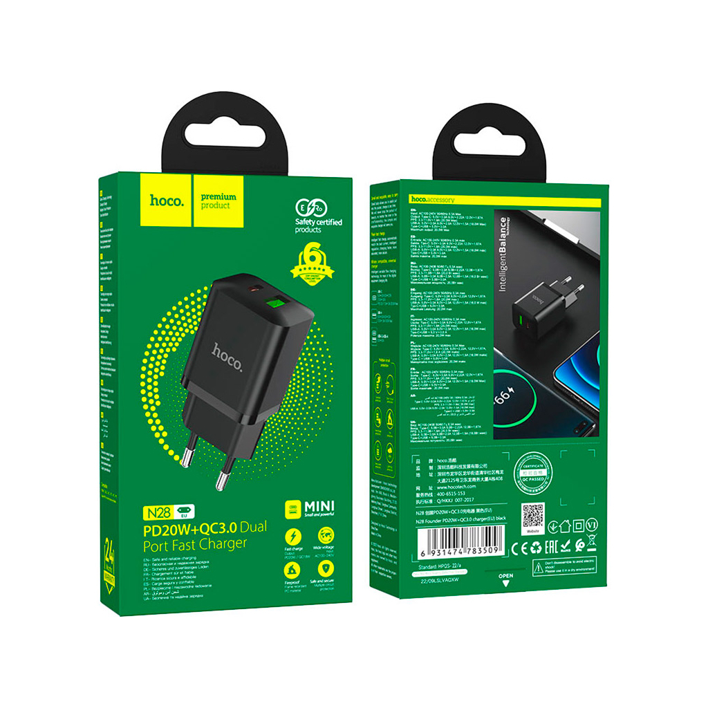 Зарядний пристрій HOCO N28 Founder 1xUSB-C PD20W + 1xUSB QC3.0 Black (6931474783509) - зображення 4