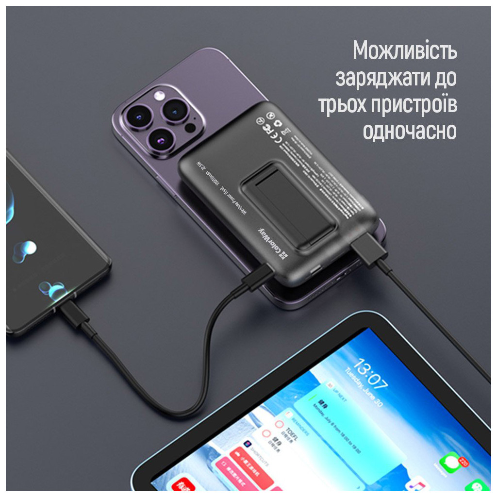 Батарея універсальна ColorWay 10 000 mAh 15W MagSafe (USB QC3.0 + USB-C PD 22.5W) (CW-PB100LPA3BK-WPDD) - зображення 8