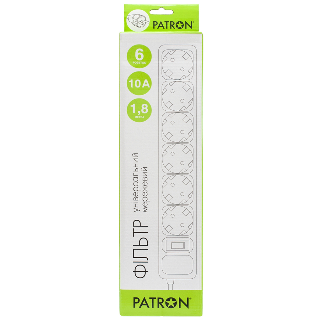 Мережевий фільтр живлення Patron 1.8 m3*1mm2 (SP-1062) 6 розеток BLACK (EXT-PN-SP-1062) - зображення 2