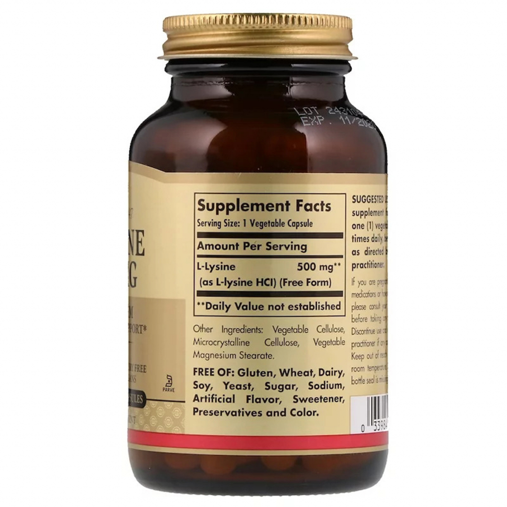 Амінокислота Solgar L-Лізин, L-Lysine, 500 mg, 100 вегетаріанських капсул (SOL-01681) - зображення 2