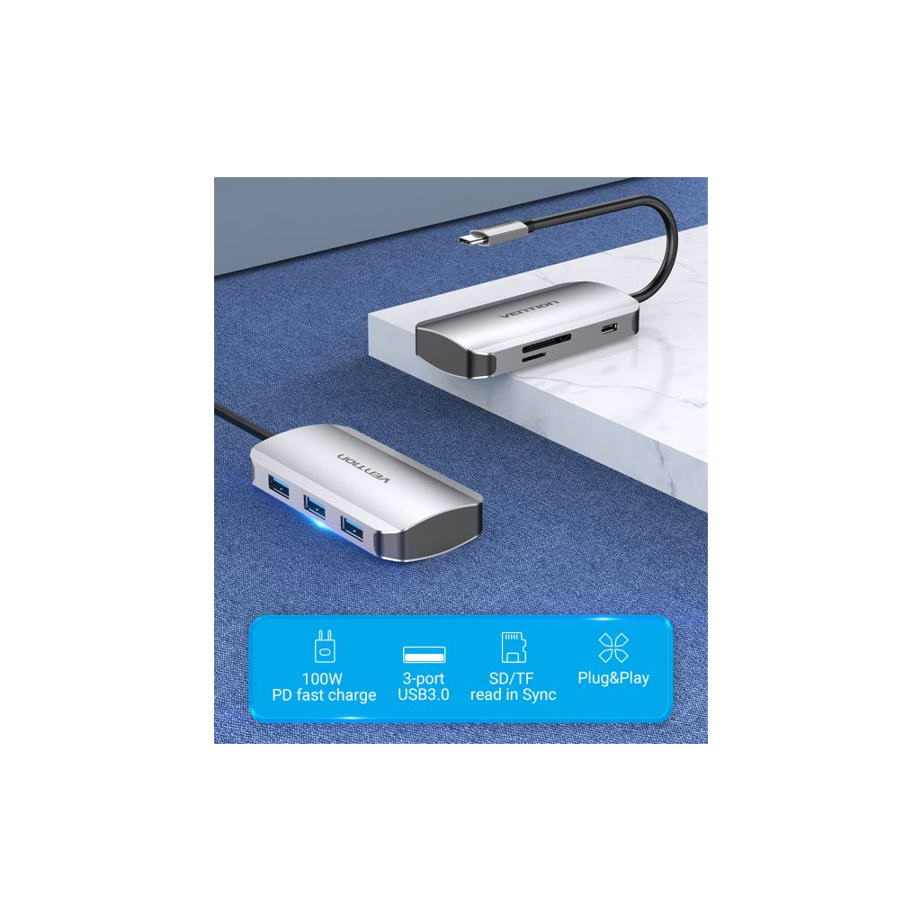 Концентратор Vention USB3.1 Type-C --> USB 3.0x3/SD/TF/PD 100W Hub 6-in-1 (TNHHB) - зображення 2