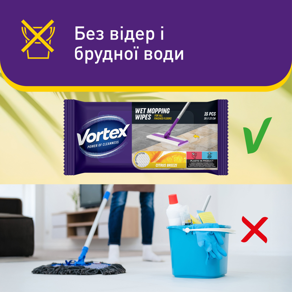 Серветки для прибирання Vortex Citrus Breeze Вологі для підлоги 15 шт. (4823071663549) - изображение 5