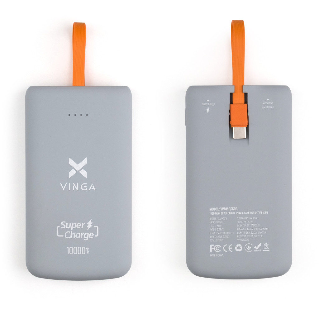 Батарея універсальна Vinga 10000 mAh SuperQC soft touch w/cable 22.5W dark grey (VPB1SQSCDG) - изображение 7