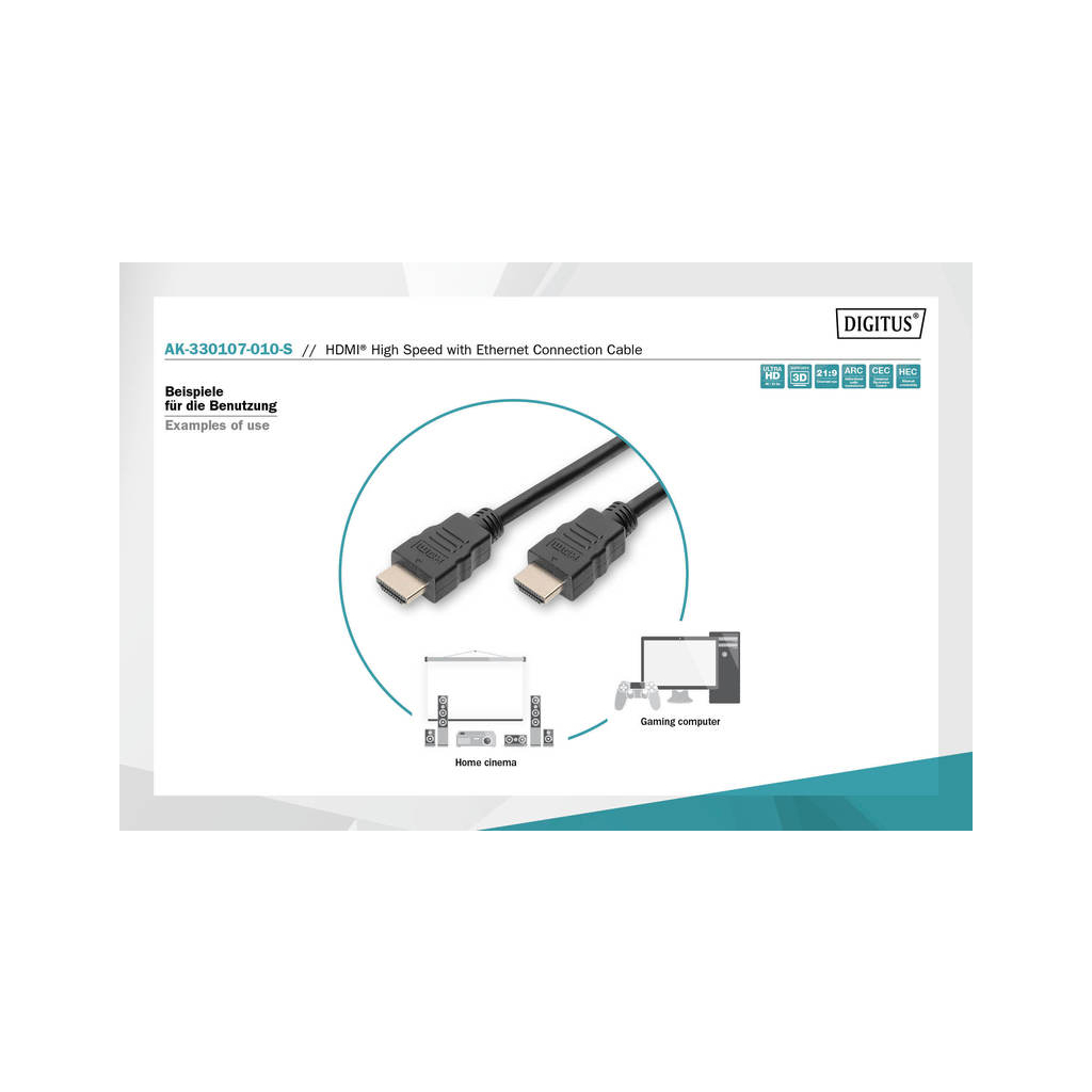 Кабель мультимедійний HDMI to HDMI 1.0m UHD 4K Digitus (AK-330107-010-S) - изображение 4