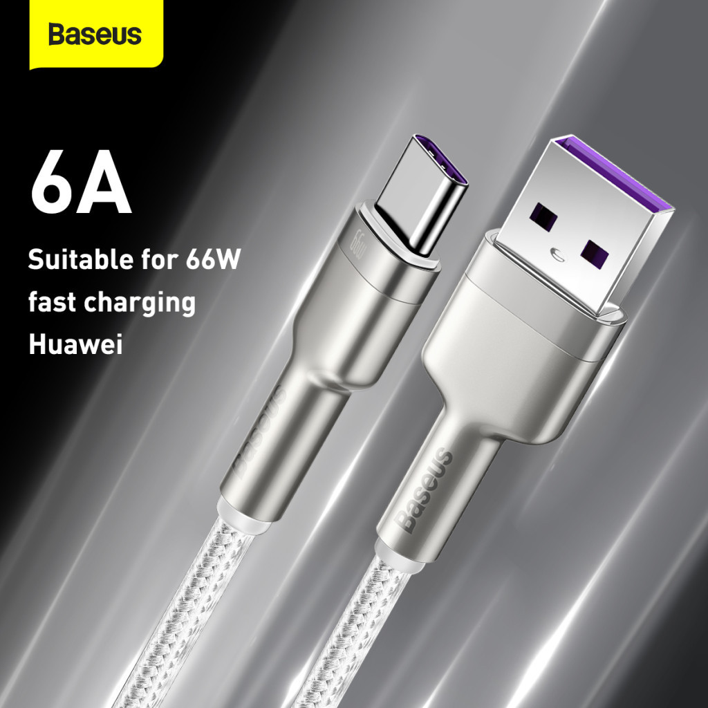 Дата кабель USB 3.1 AM to USB-C 2.0m 6.0A 66W Cafule Series Metal White Baseus (CAKF000202) - зображення 6
