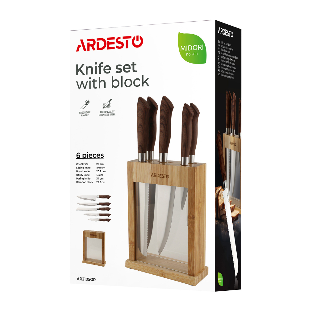 Набір ножів Ardesto Midori, 6 предметів, нержавіюча сталь, пластик, бамбук, коричневий (AR2105GR) - зображення 10