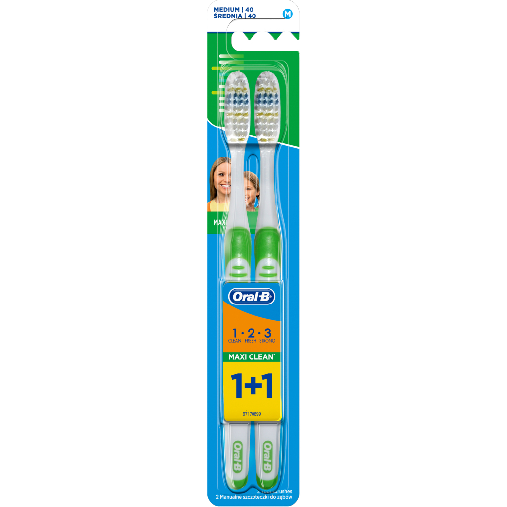 Зубна щітка Oral-B 1+1 Maxi Clean 1-2-3 3-ефекти середньої жорсткості 2 шт. (3014260110628/3014260110659) - зображення 1
