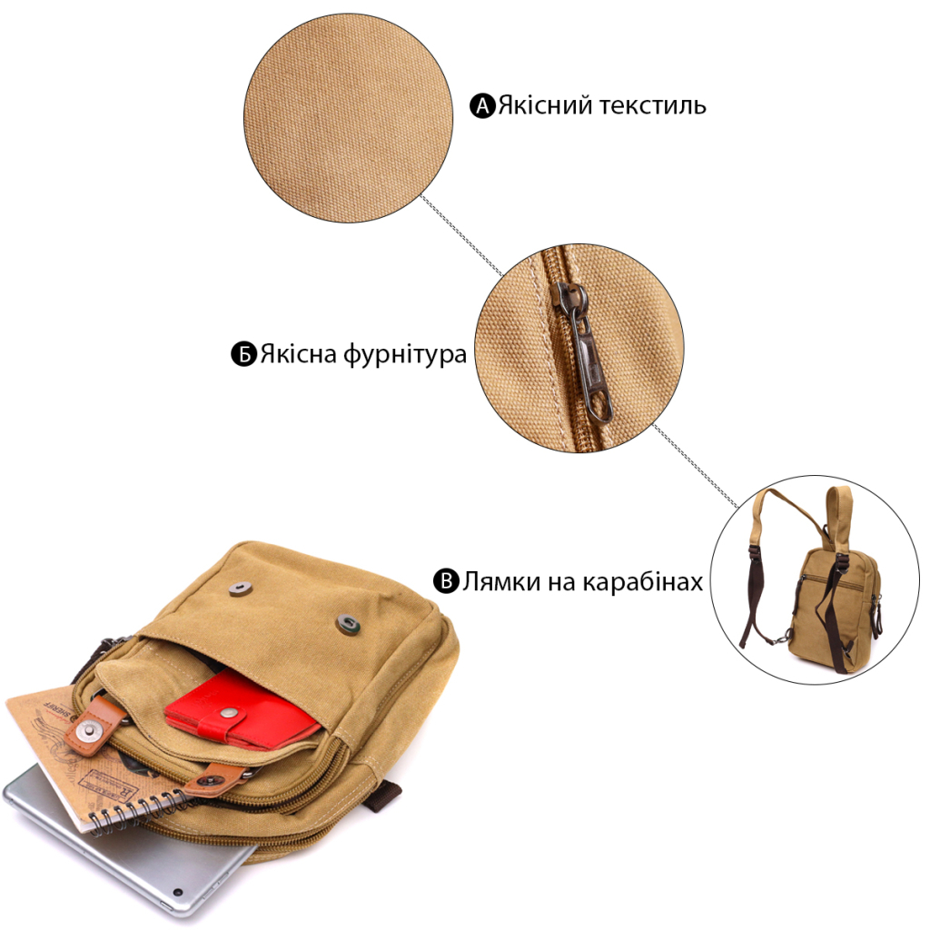 Сумка Vintage З двома відділеннями з текстилю Пісочна (22166) - зображення 4