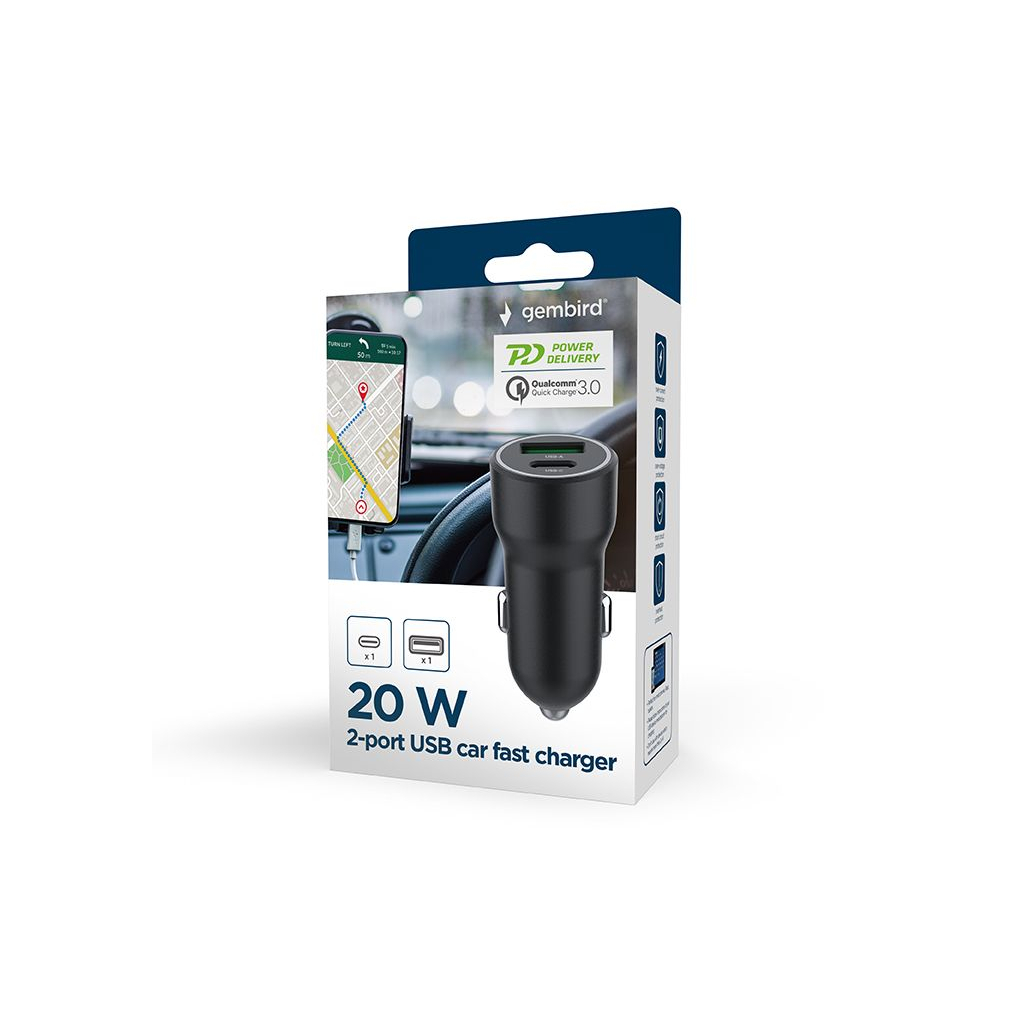 Зарядний пристрій Gembird 1xUSB-A (18W QC3.0) + 1xUSB-C (20W PD) black (TA-UC-A2PDQC20-CAR-01) - зображення 5