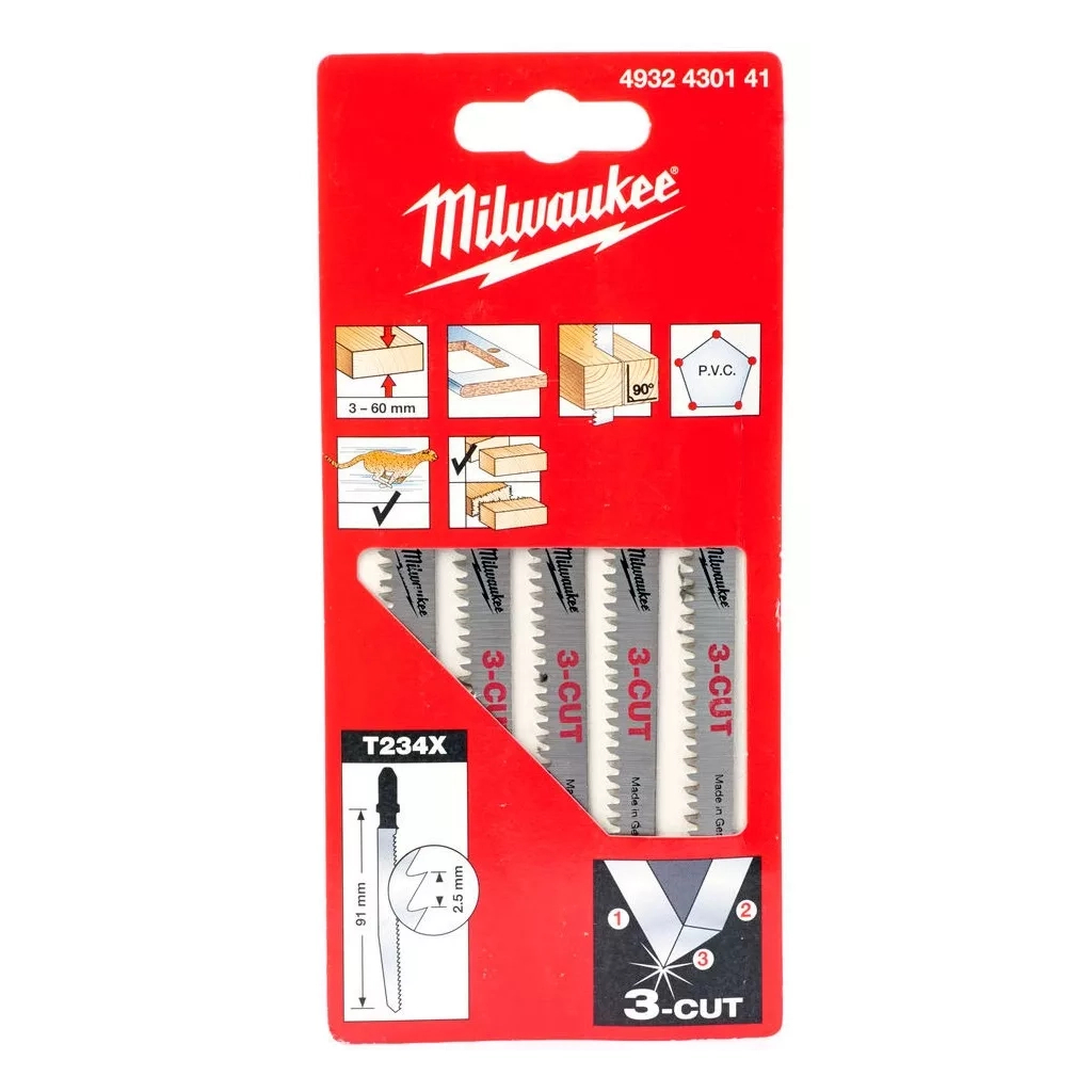 Полотно Milwaukee для лобзика T234X 3CUT, 91 мм/ крок зуба 2,5 мм , 5шт, деревина, чистий різ (4932430141) - зображення 2