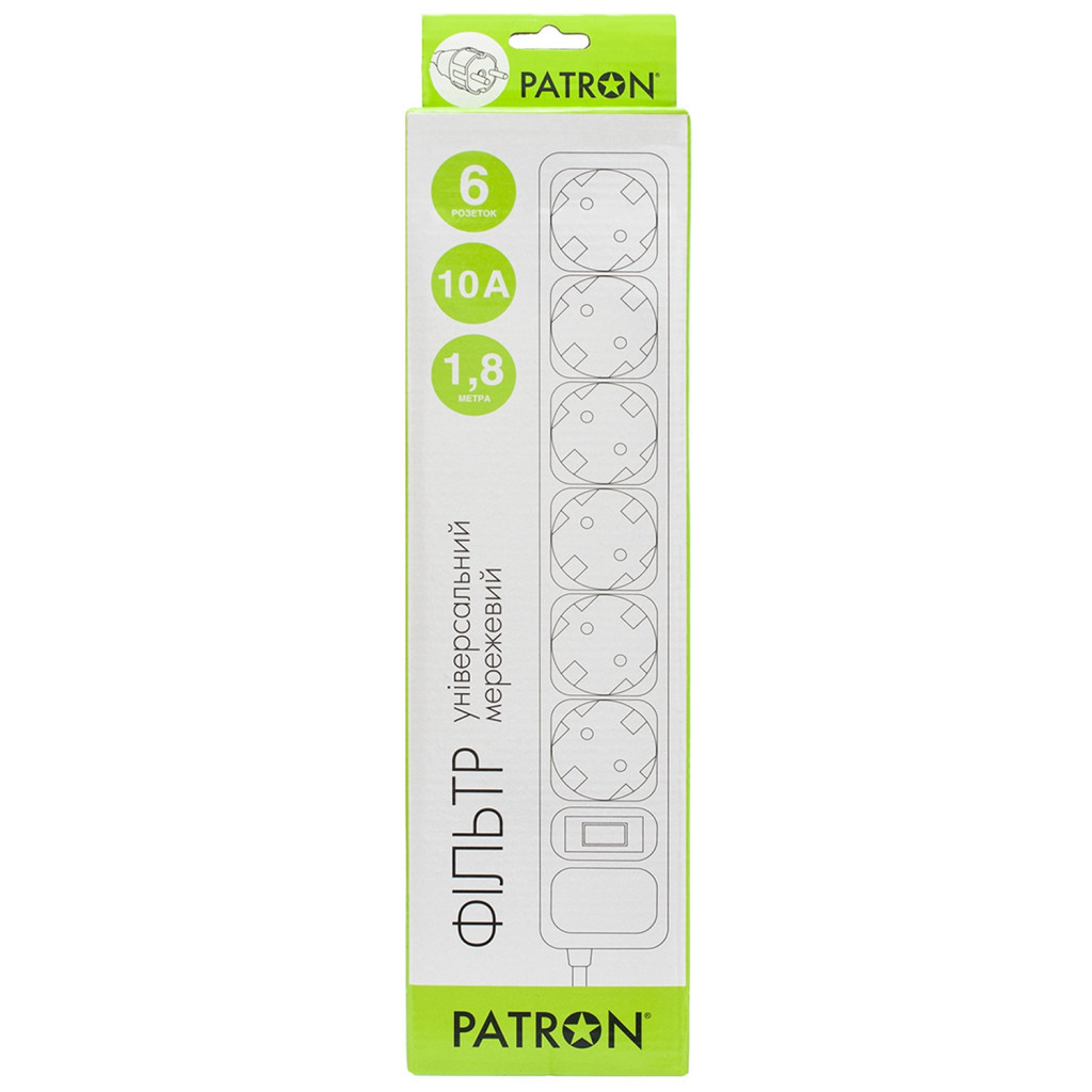 Мережевий фільтр живлення Patron 1.8m (SP-1062W), 6 розеток White (EXT-PN-SP-1062W) - зображення 2